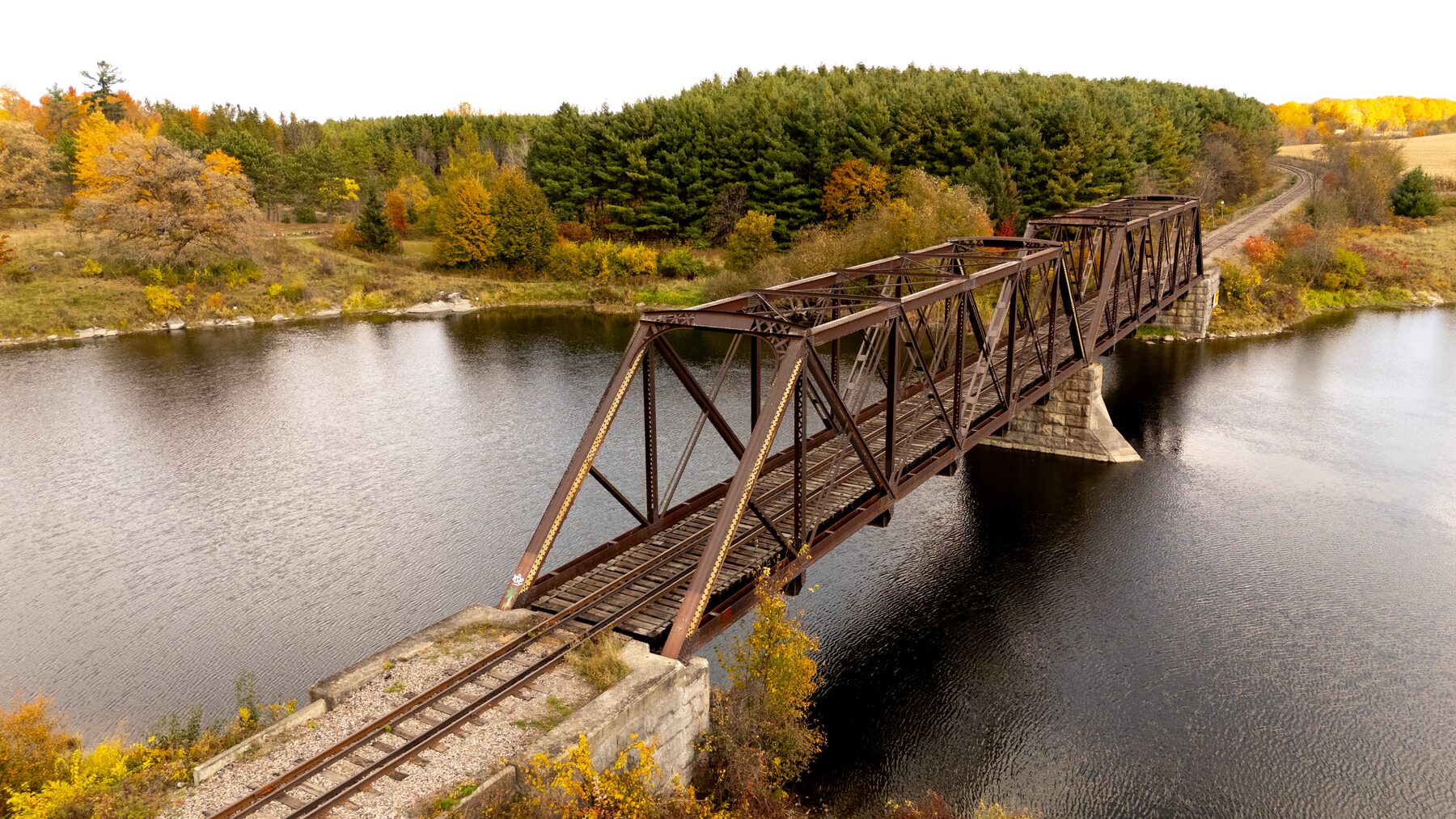 Steel truss rail bridge crossing a river at the edge of a forest